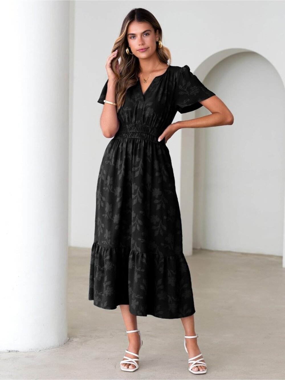 Women's Black Short Sleeve V Neck Empire Waist Floral Imported Maxi Dress - Picture 6 of 7